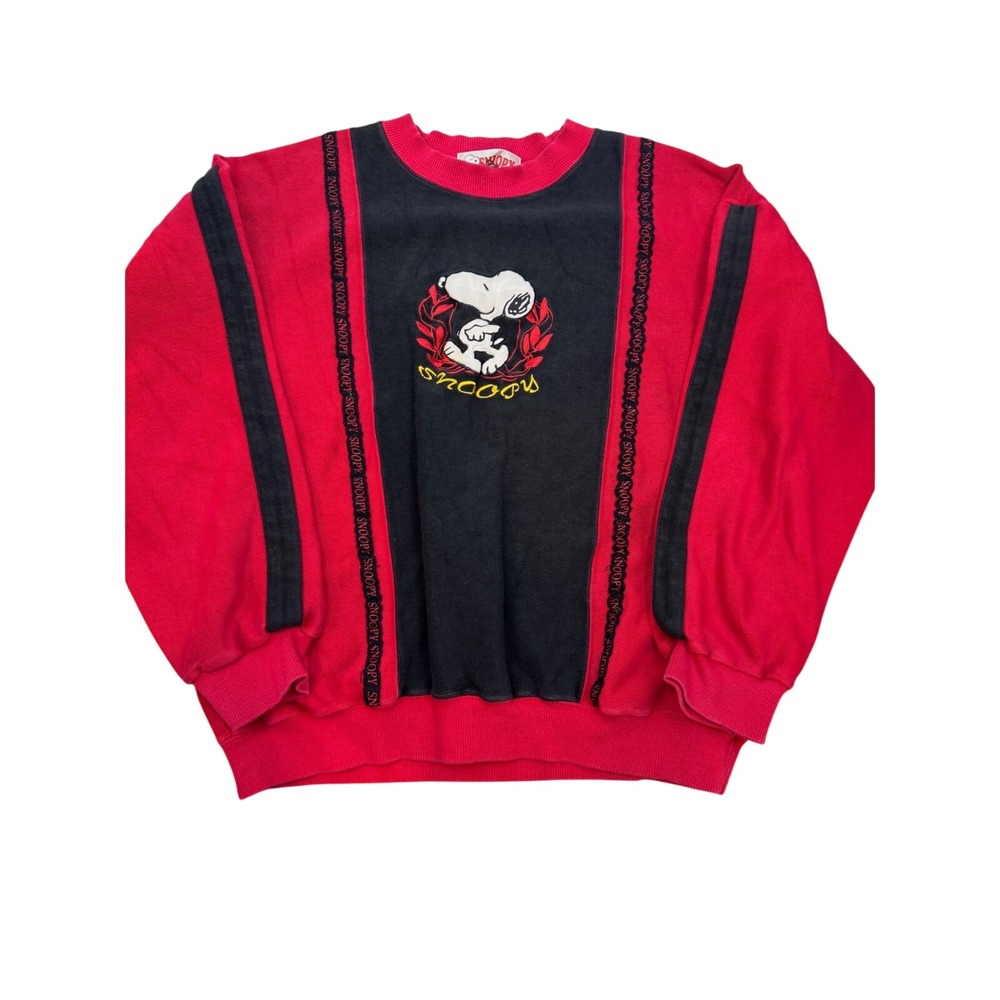 Vintage Snoopy Peanuts Colorblock Sweatshirt Red Black Embroidered 90s Large